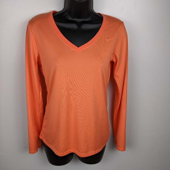 The Nike Tee Women's Orange V Neck Long Sleeve Top - Picture 1 of 8